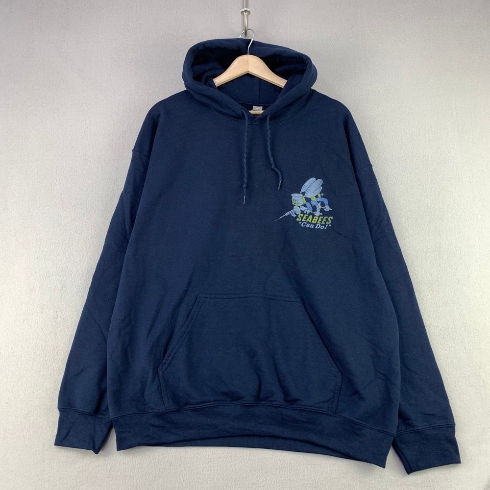 US Navy Seabees Hoodie Sweatshirt Men Medium Navy Blue Graphic Can Do Pullover